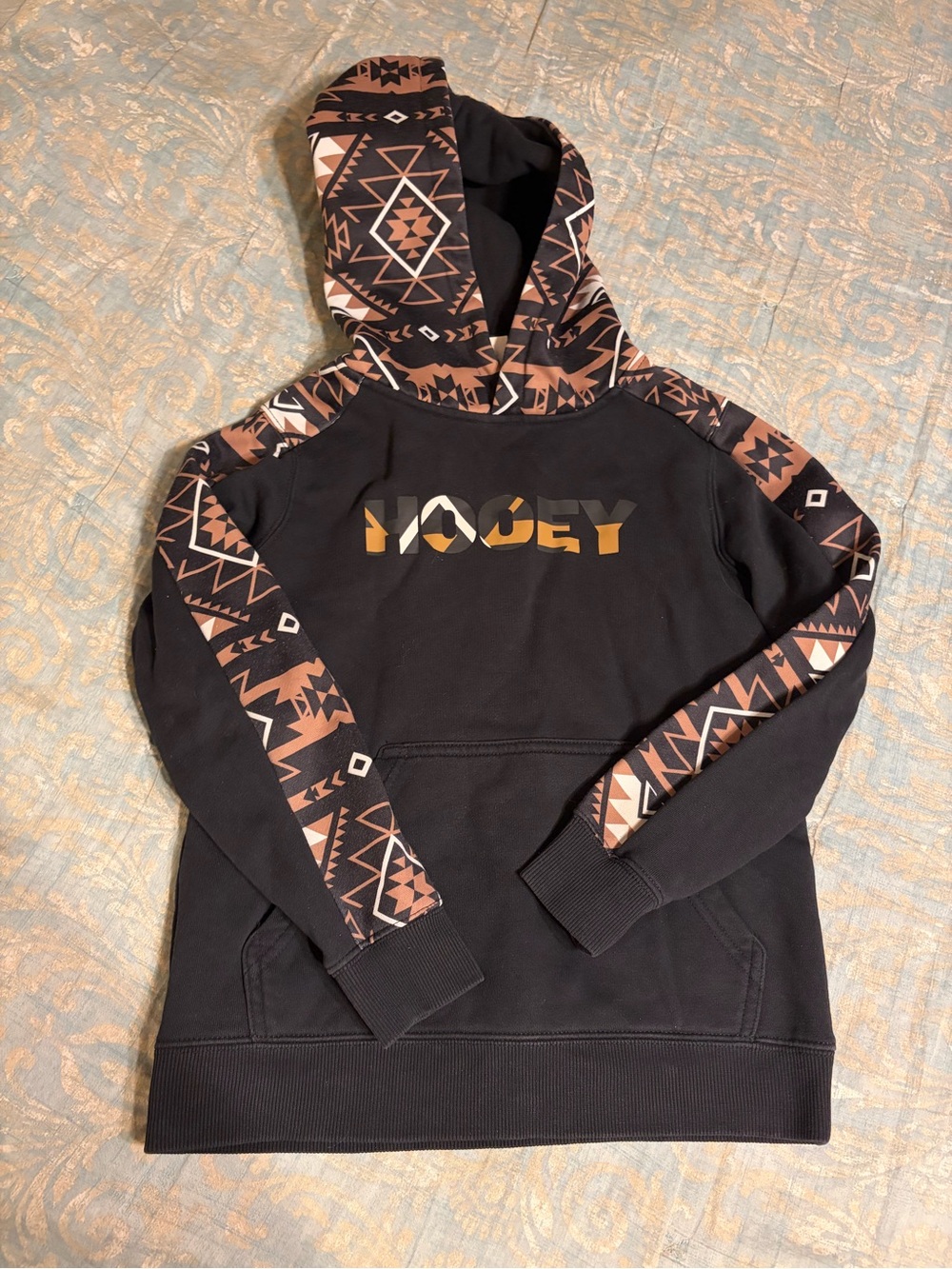 Hooey Black Hoodie with Brown Aztec Trim